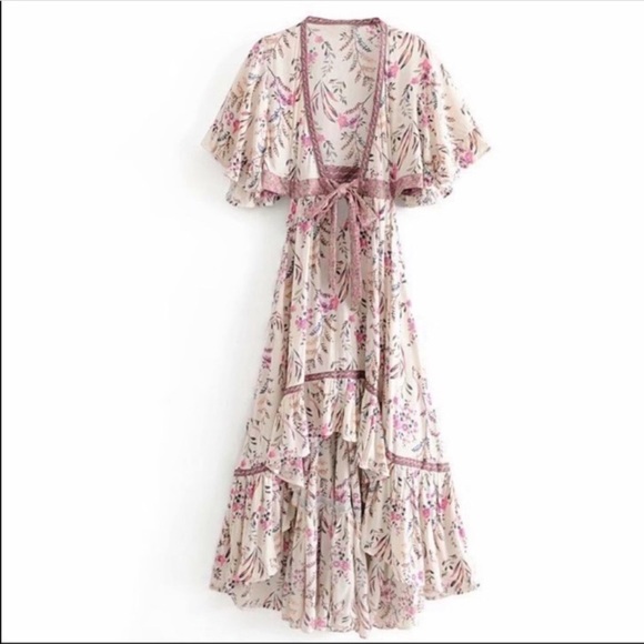 (Last 1)Boho cream floral print ruffle cutout dres - Picture 3 of 9